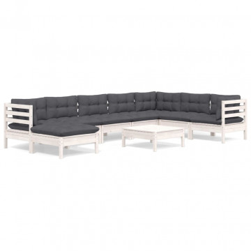 Set mobilier de grădină cu perne, 9 piese, alb, lemn masiv pin - Img 2