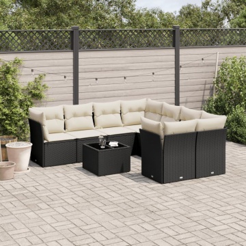 Set mobilier de grădină cu perne, 9 piese, negru, poliratan - Img 1