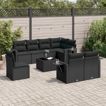 Set mobilier de grădină cu perne, 9 piese, negru, poliratan - Img 1