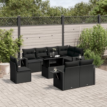 Set mobilier de grădină cu perne, 9 piese, negru, poliratan - Img 1