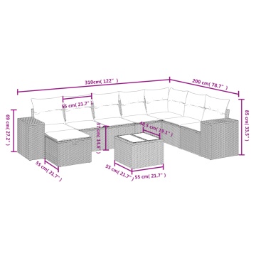 Set mobilier de grădină cu perne, 9 piese, negru, poliratan - Img 4
