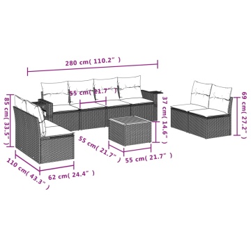 Set mobilier de grădină cu perne, 9 piese, negru, poliratan - Img 3