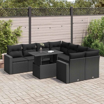 Set mobilier de grădină cu perne, 9 piese, negru, poliratan - Img 1