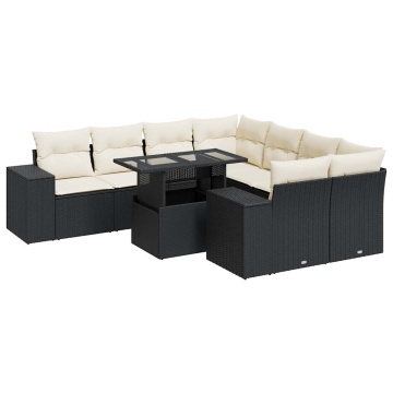 Set mobilier de grădină cu perne, 9 piese, negru, poliratan - Img 2