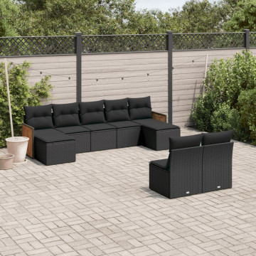 Set mobilier de grădină cu perne, 9 piese, negru, poliratan - Img 1
