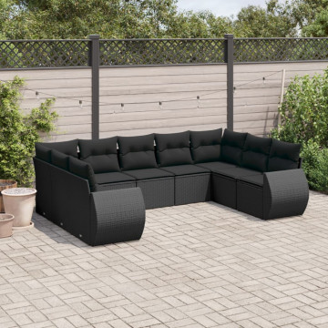 Set mobilier de grădină cu perne, 9 piese, negru, poliratan - Img 1