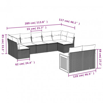 Set mobilier de grădină cu perne, 9 piese, negru, poliratan - Img 3