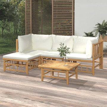 Set mobilier de grădină cu perne alb crem, 2 piese, bambus - Img 1