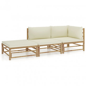 Set mobilier de grădină, cu perne alb crem, 3 piese, bambus - Img 1