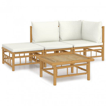 Set mobilier de grădină, cu perne alb crem, 4 piese, bambus - Img 2