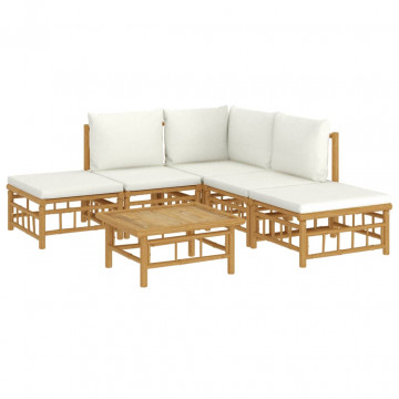 Set mobilier de grădină cu perne alb crem, 6 piese, bambus - Img 3