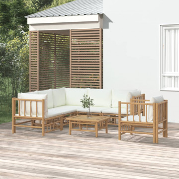 Set mobilier de grădină cu perne alb crem, 7 piese, bambus - Img 1