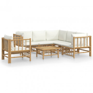 Set mobilier de grădină cu perne alb crem, 7 piese, bambus - Img 2