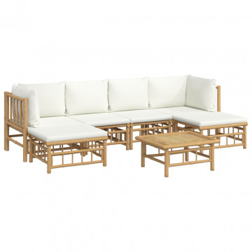 Set mobilier de grădină cu perne alb crem, 7 piese, bambus - Img 3