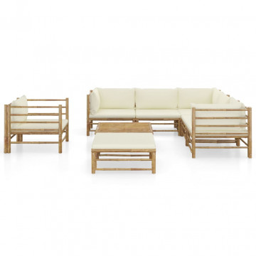 Set mobilier de grădină, cu perne alb crem, 8 piese, bambus - Img 1