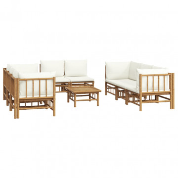 Set mobilier de grădină, cu perne alb crem, 9 piese, bambus - Img 3