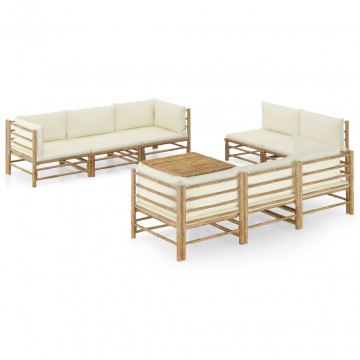 Set mobilier de grădină, cu perne alb crem, 9 piese, bambus - Img 1