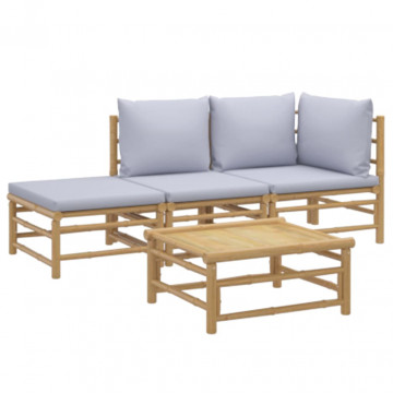 Set mobilier de grădină cu perne gri deschis, 4 piese, bambus - Img 3