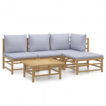 Set mobilier de grădină cu perne gri deschis, 5 piese, bambus - Img 2