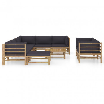 Set mobilier de grădină cu perne gri închis, 10 piese, bambus - Img 2