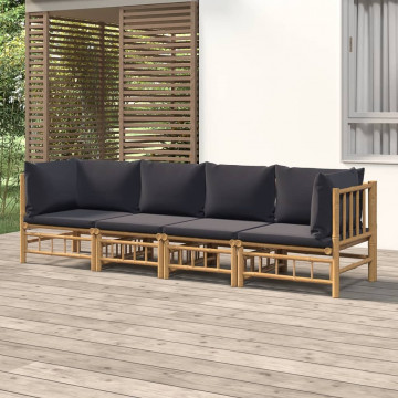 Set mobilier de grădină cu perne gri închis, 4 piese, bambus - Img 1