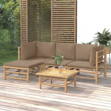 Set mobilier de grădină cu perne gri taupe, 5 piese, bambus - Img 1