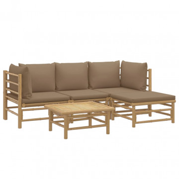 Set mobilier de grădină cu perne gri taupe, 5 piese, bambus - Img 3