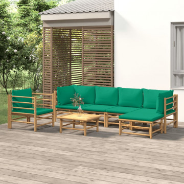Set mobilier de grădină cu perne verzi, 7 piese, bambus - Img 1