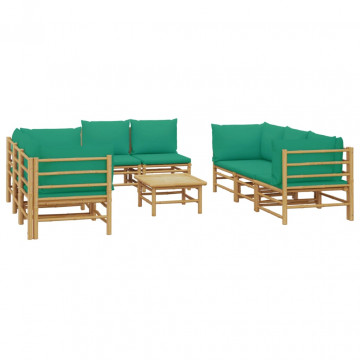 Set mobilier de grădină cu perne verzi, 9 piese, bambus - Img 3
