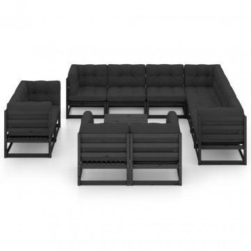 Set mobilier de grădină cu perne12 piese, negru, lemn masiv pin - Img 3