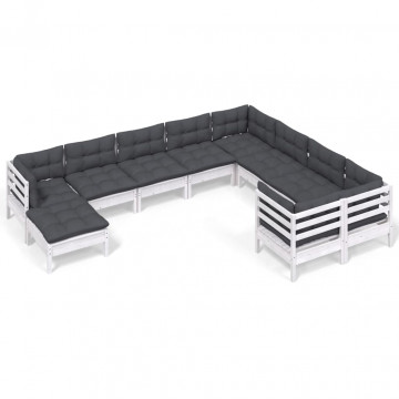 Set mobilier grădină cu perne, 10 piese, alb, lemn de pin - Img 2