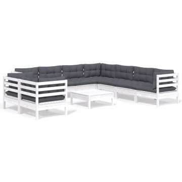 Set mobilier grădină cu perne, 10 piese, alb, lemn masiv pin - Img 2