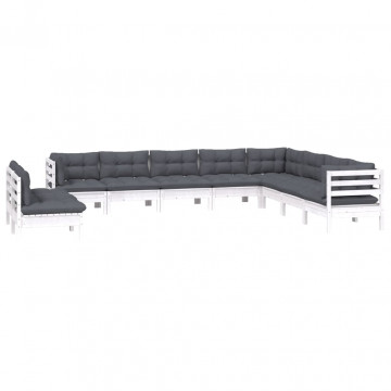 Set mobilier grădină cu perne, 10 piese, alb, lemn masiv pin - Img 3