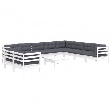 Set mobilier grădină cu perne, 11 piese, alb, lemn masiv pin - Img 3