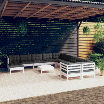 Set mobilier grădină cu perne, 12 piese, alb, lemn de pin - Img 1