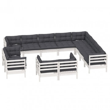 Set mobilier grădină cu perne, 12 piese, alb, lemn masiv pin - Img 3