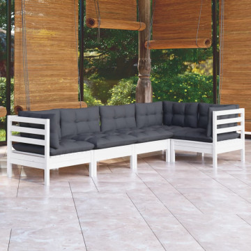 Set mobilier grădină cu perne, 5 piese, alb, lemn de pin - Img 1