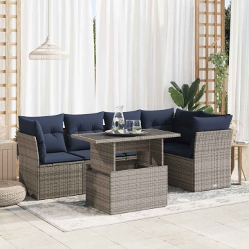 Set mobilier grădină cu perne 6 piese gri poliratan/lemn acacia - Img 1