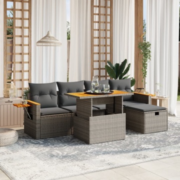 Set mobilier grădină cu perne, 6 piese, gri, poliratan - Img 1