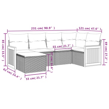 Set mobilier grădină cu perne, 6 piese, gri, poliratan - Img 3