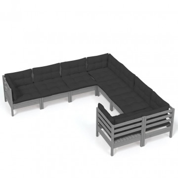 Set mobilier grădină cu perne, 8 piese, gri, lemn masiv pin - Img 2
