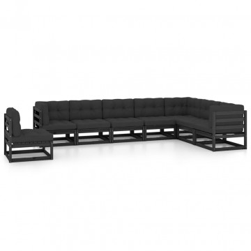 Set mobilier grădină cu perne, 8 piese, negru, lemn masiv pin - Img 1