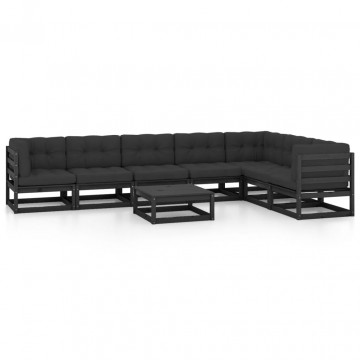 Set mobilier grădină cu perne, 8 piese, negru, lemn masiv pin - Img 2