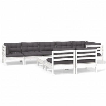 Set mobilier grădină cu perne, 9 piese, alb, lemn masiv pin - Img 2