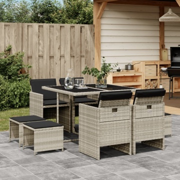 Set mobilier grădină cu perne, 9 piese, gri deschis, poliratan - Img 1