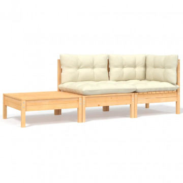 Set mobilier grădină cu perne crem, 3 piese, lemn masiv de pin - Img 1