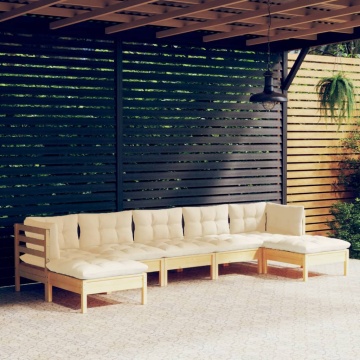 Set mobilier grădină cu perne crem, 7 piese, lemn masiv pin - Img 1