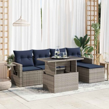Set mobilier grădină perne 6 piese negru poliratan/lemn acacia - Img 1