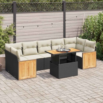 Set mobilier grădină perne 8 piese negru, poliratan/lemn acacia - Img 1