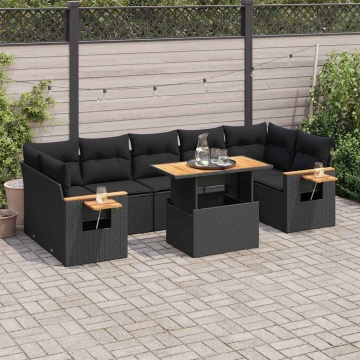 Set mobilier grădină perne 8 piese negru, poliratan/lemn acacia - Img 1